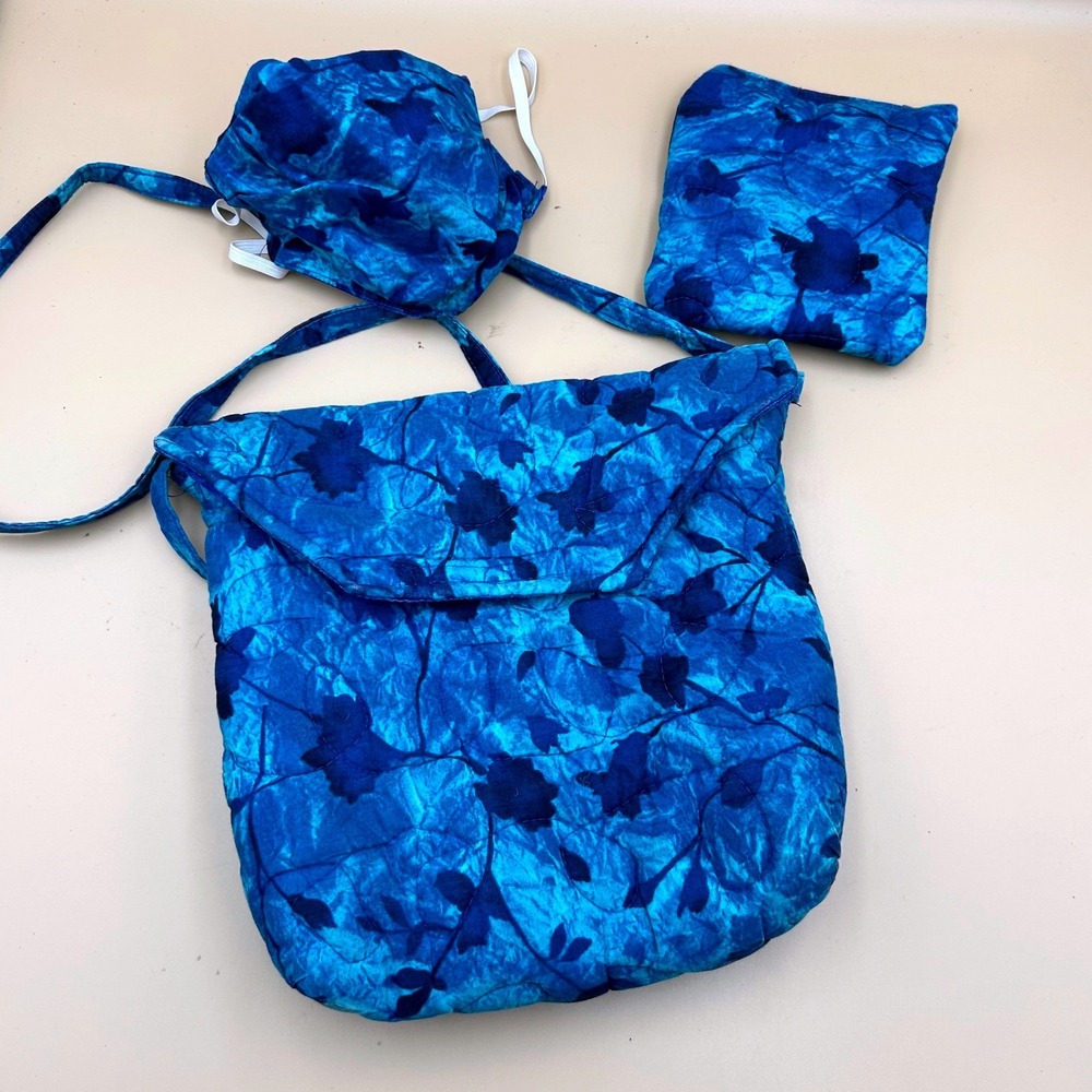Handmade Quilted Crossbody Bag Set Blue Floral Batik Pouch and Mask 3pc Set